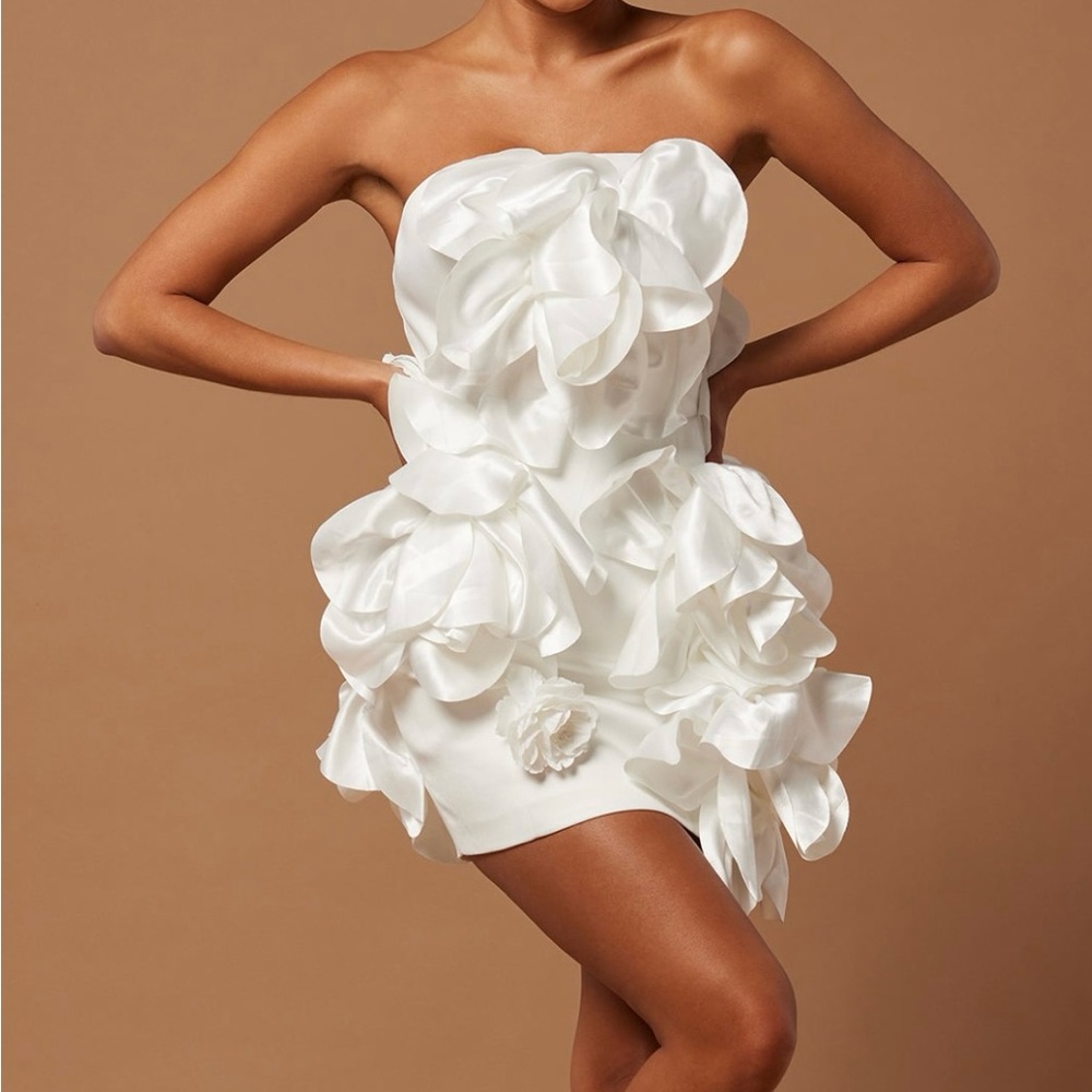 Fashion Nova White Asymmetrical Ruffled Strapless Dress